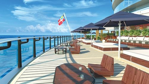 The Dock is a lounging area on the Virgin Voyages ship&apos;s seventh deck. (Virgin Voyages/TNS)