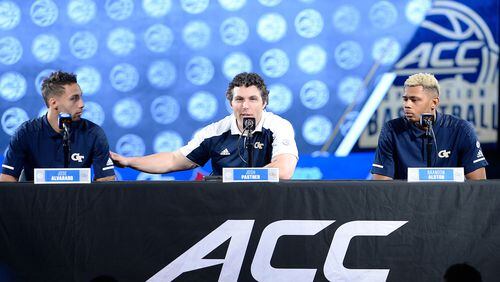 Georgia Tech head coach Josh Pastner with Jose Alvarado and Brandon Alson are interviewed during the ACC Operation Basketball at the Spectrum Center in Charlotte, N.C. on October 24, 2018. (Photos by Sara D. Davis, theACC.com)