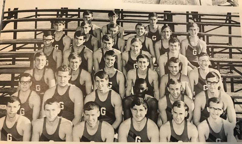 Harry Sims enrolled at the University of Georgia in 1967 and became the first African-American varsity athlete there, on the track and field team as a long jumper. In this photo, Sims, third from the right, second row from the bottom, joins his teammates for a photo. PHOTO CONTRIBUTED.