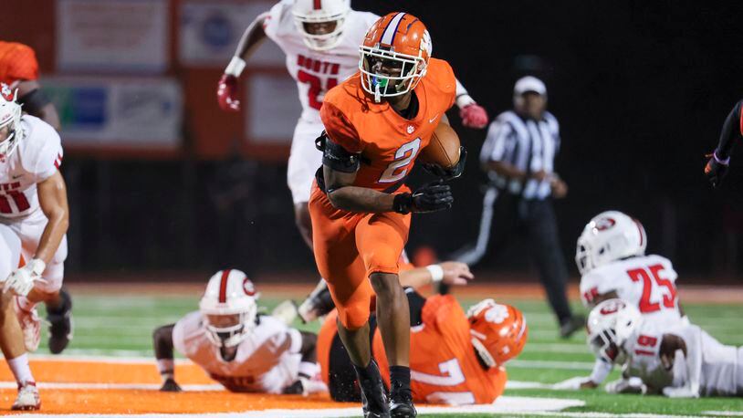 On fourth down, Parkview running back Trelain Maddox (2) runs for a first down to setup their game-winning touchdown against North Gwinnett in the fourth quarter at Parkview High School, Friday, September 8, 2023, in Lilburn, Ga. Parkview won 35-32. (Jason Getz / Jason.Getz@ajc.com)