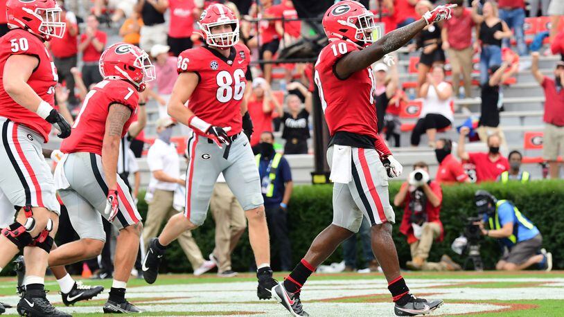 Georgia wide receiver Kearis Jackson (10) signals after scoring in the Bulldogs' 44-21 win over Tennessee Saturday, Oct. 10, 2020, in Athens. (Perry McIntyre/UGA Sports)