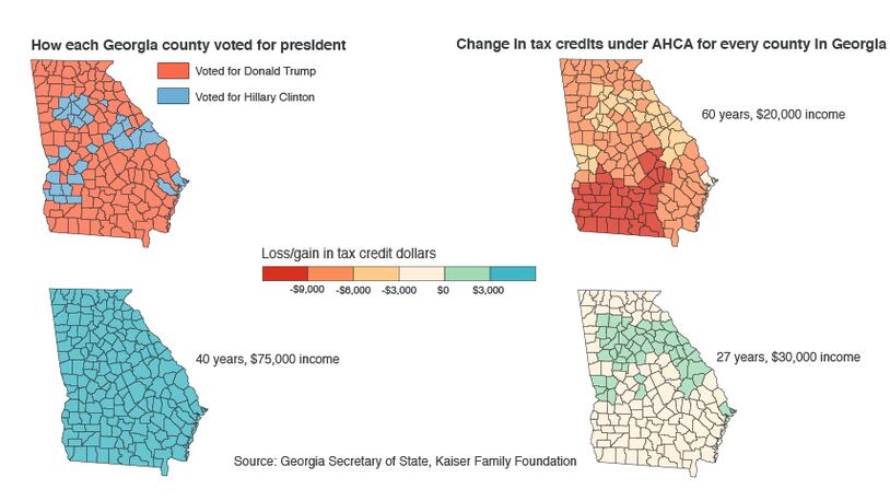 How Georgia counties voted for president and how the Republican health care plan will affect people from different age and income groups