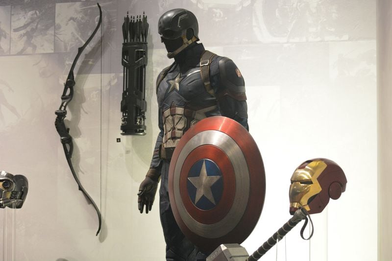 This costume from “Captain America: Civil War,” is among a host of items connected to Marvel movies made in Georgia. They were loaned by the studio for a new exhibit at the Carter Library: “Georgia on my Screen.” CONTRIBUTED: CARTER LIBRARY