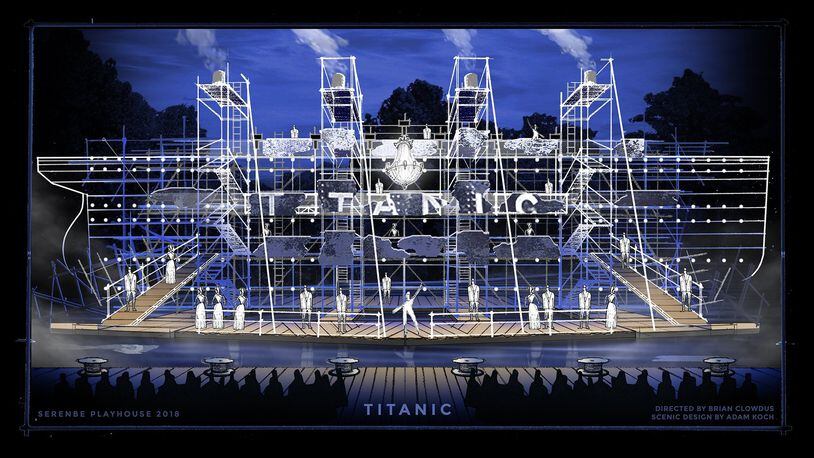 This is a sketch of the set for “Titanic, the Musical.” The team at Serenbe Playhouse is building the set to look like a ship on the lake at the Inn at Serenbe, so the cast members will be acting in the water. The set designer is Adam Koch. CONTRIBUTED