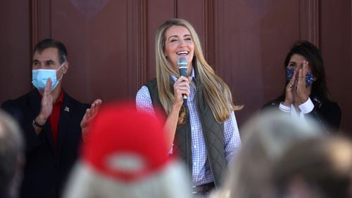 In this file photo, Kelly Loeffler (R-GA) speaks during a campaign event at the Walton County Historic Courthouse on October 30, 2020 in Monroe, Georgia. (Justin Sullivan/Getty Images/TNS)