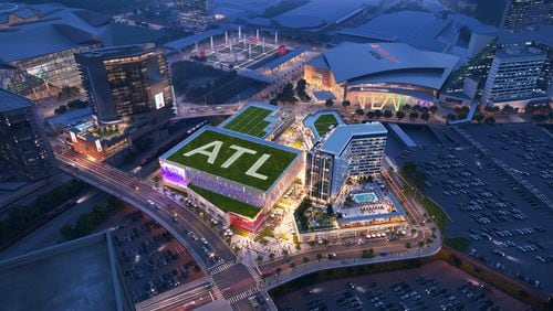 This is a rendering of the planned entertainment district that will make up the center of the Centennial Yards development in downtown Atlanta.
