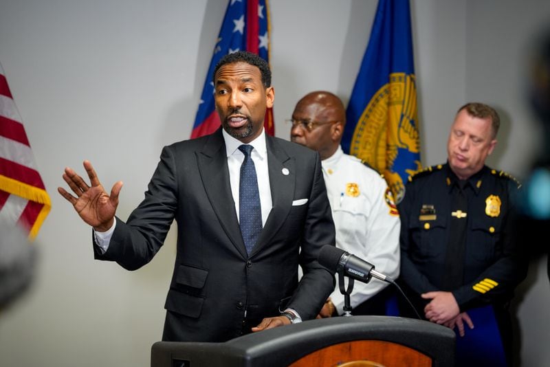 Atlanta Mayor Andre Dickens gives a statement on recent vandalism to Atlanta police and contractors' property. The vandalism is targeted towards the Atlanta police training facility and the contractors hired in its construction. Wednesday, July 5th, 2023 (Ben Hendren for the Atlanta Journal-Constitution)