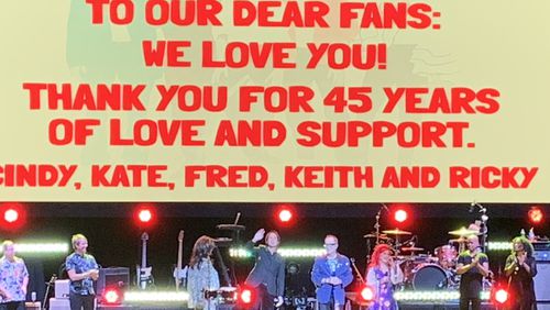 The B-52s ended their concert at the Classic Center in Athens with a thank you note and a brief on-stage appearance by Keith Strickland, who left touring a decade ago. RODNEY HO/rho@ajc.com