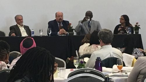 Three mayors in southern Fulton County (left to right, Hapeville’s Alan Hallman, Tom Reed of Chattahoochee Hills and South Fulton’s William “Bill” Edwards) speak about environmental issues at the Georgia Environmental Justice Education and Awareness Symposium on April 22, 2019.