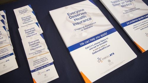 Shown here, pamphlets for enrollment in Texas’ Obamacare exchange. Texas and Wisconsin are leading a new lawsuit challenging the Affordable Care Act, also known as Obamacare, and Georgia has joined them. The individual mandate that every American must have health insurance is at the center of the suit. PHOTO by QILING WANG / AMERICAN-STATESMAN