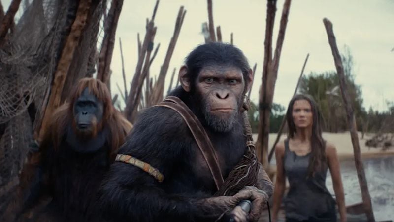 From left, Raka (Peter Macon), Noa (Owen Teague) and Nova (Freya Allan) in “Kingdom of the Planet of the Apes.” Credit: 20th Century Studios