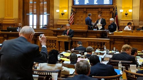 March 29, 2018, Atlanta -- The Georgia Senate debates an increase to the tax credit for private schools program. Sen. Lindsey Tippins, R-Marietta, questions the senator in the well,  Ben Watson, R-Savannah.