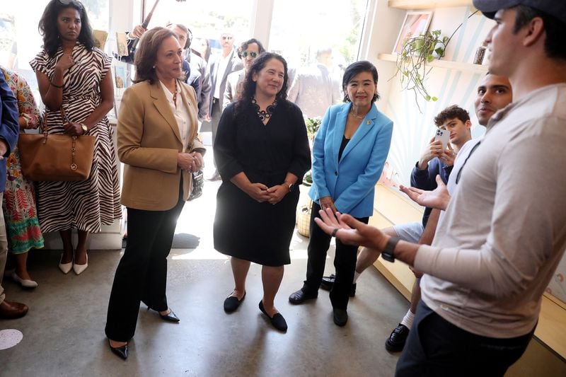 Vice President Kamala Harris, second from left, Isabella Casillas Guzman, administrator of the Small Business Administration, and Rep. Judy Chu (D-Monterey Park) visit with co-founders Andrew Arrospide and Dan Londono, far right, at Alfalfa restaurant along Main Street on Wednesday, July 5, 2023, in Santa Monica, California. Guzman is visiting Atlanta today. (Gary Coronado/Los Angeles Times/TNS)