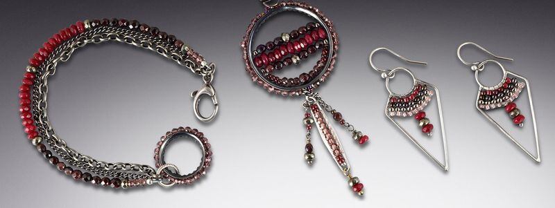 In one of her collections, Georgia jewelry artist Karin Slaton begins with a classic geometric shape and uses traditional bead weaving techniques to add color and sparkle with glass and metal seed beads, gemstones and crystals. 