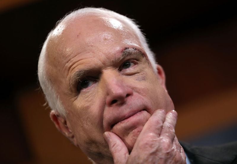 WASHINGTON, DC - JULY 27:  U.S. Sen. John McCain (R-AZ) looks on during a news conference to announce opposition to the so-called skinny repeal of Obamacare at the U.S. Capitol July 27, 2017 in Washington, DC. The Republican senators said they would not support any legislation to repeal and replace Obamacare unless it included a guarantee to go to conference with the House of Representatives.  (Photo by Justin Sullivan/Getty Images)
