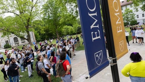 Pro-Palestine students and supporters rally at Emory University in Atlanta on Monday, April 29, 2024, following police arresting pro-Palestine protestors on campus the previous week. (Arvin Temkar / AJC)