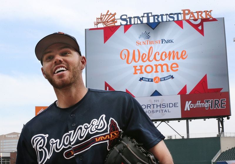 Freddie Freeman and the Braves will face the Yankees in an exhibition game Monday at SunTrust Park. (AJC file photo/Curtis Compton)