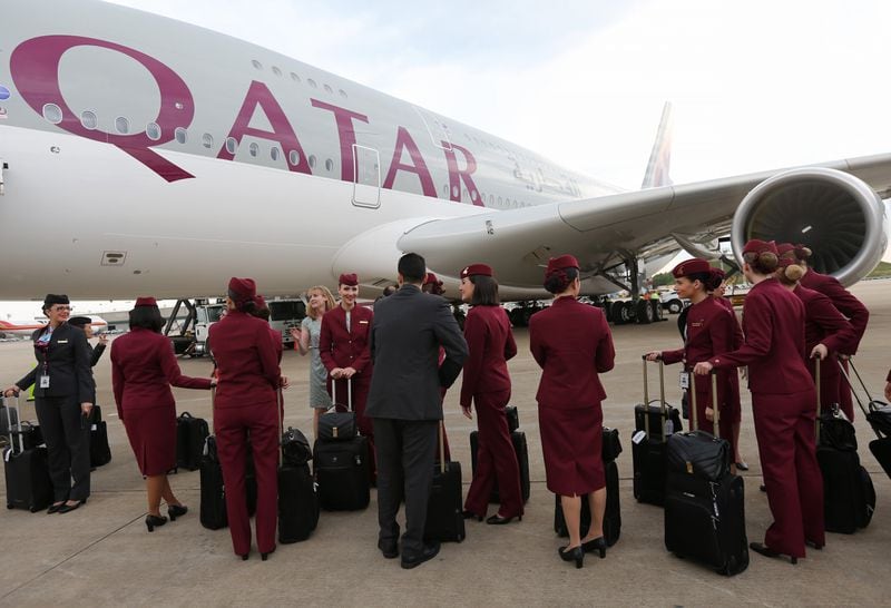June 1, 2016 Atlanta: Qatar Airways flight attendants prepare to board an A380 for the inaugural flight from Atlanta to Doha on Wednesday evening June 1, 2016 at Hartsfield-Jackson International Airport. Ben Gray / bgray@ajc.com