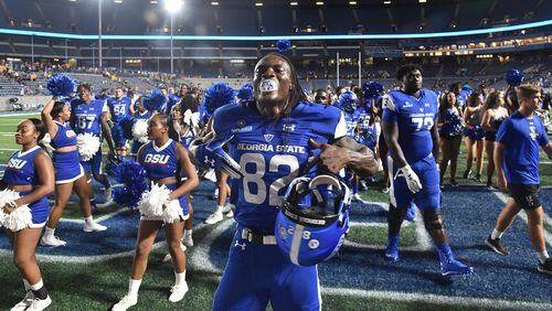 Georgia State wide receiver Diondre Champaigne (82) celebrates a victory against Kennesaw State at Georgia State Stadium on Thursday, August 30, 2018. HYOSUB SHIN / HSHIN@AJC.COM