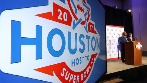 Houston Mayor Sylvester Turner addresses the audience as the Houston Super Bowl Host Committee holds a news conference Monday. Curtis Compton/ccompton@ajc.com