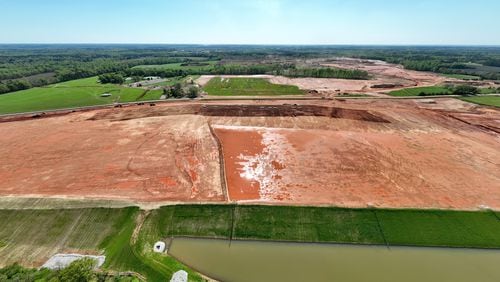 (*UPDATED DRONE PHOTO*) Aerial photograph shows the 2,000-acre Rivian factory site in southern Walton and Morgan counties, Thursday, March 30, 2023, in Social Circle. (Hyosub Shin / Hyosub.Shin@ajc.com)