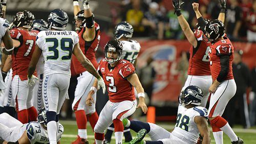 January 13, 2013 Atlanta: Atlanta Falcons kicker Matt Bryant celebrates his game winning field goal with 6 seconds remaining in the game against the Seattle Seahawks Sunday January 13, 2012 at the Georgia Dome.