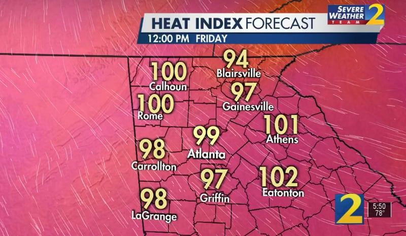 Heat indexes could top 100 degrees in North Georgia on Thursday, according to Channel 2 Action News.