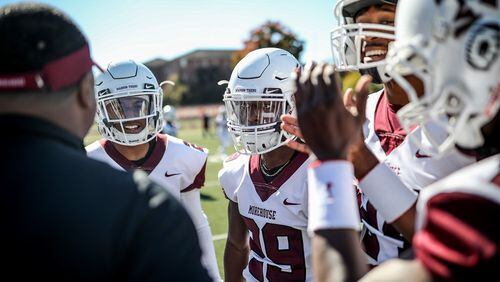 Morehouse Maroon Tigers players gather before a game against the Clark Atlanta Panthers, Saturday, Nov. 3, 2018, in Atlanta.  BRANDEN CAMP/SPECIAL