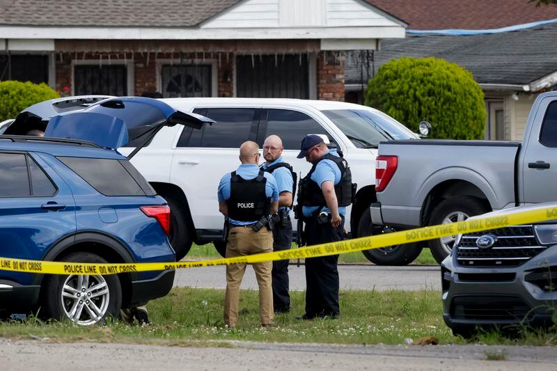 Police respond after three Louisiana police officers were shot in a standoff Sunday, April 28, 2024, in Kenner, La. (Scott Threlkeld/The Times-Picayune/The New Orleans Advocate via AP)
