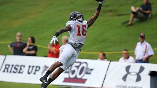 081815 FLOWERY BRANCH: Falcons rookie wide receiver Justin Hardy makes a leaping one handed catch during team practice on Tuesday, August, 18, 2015, in Flowery Branch. Curtis Compton / ccompton@ajc.com