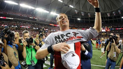 ATLANTA, GA - JANUARY 22: Matt Ryan #2 of the Atlanta Falcons celebrates after defeating the Green Bay Packers in the NFC Championship Game at the Georgia Dome on January 22, 2017 in Atlanta, Georgia. The Falcons defeated the Packers 44-21. (Photo by Kevin C. Cox/Getty Images)