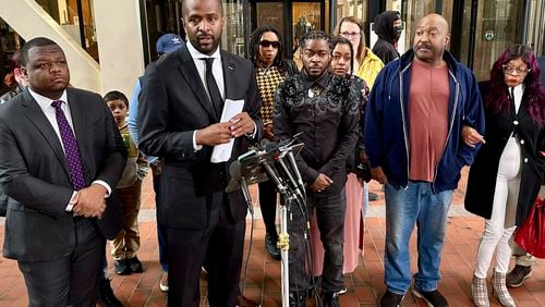 Attorney Bakari Sellers and family of Ricky Cobb II discussed a federal lawsuit filed against two Minnesota State Patrol troopers involved in the 2023 Cobb fatal shooting on April 17, 2024, at the Hennepin County Government Center in Minneapolis. Trooper Ryan Londregan fatally shot the 33-year-old Black man during a traffic stop on a Minneapolis interstate last July. (AP Photo/Mark Vancleave)