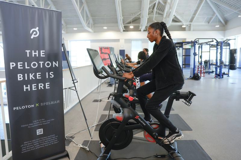 Students exercise on Peloton bikes at The Wellness Center at Read Hall on the campus of Spelman College in Atlanta on Wednesday, April 19, 2023.  (Natrice Miller/natrice.miller@ajc.com)