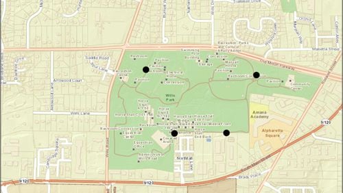 Map shows the location of four emergency call boxes to be installed in Wills Park, Alpharetta. The devices also are planned for Webb Bridge and North parks. CITY OF ALPHARETTA