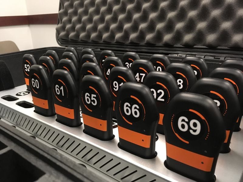 The Catapult monitoring devices that Georgia Tech players wear during workouts and games. Catapult devices contain gyroscopes and accelerometers.