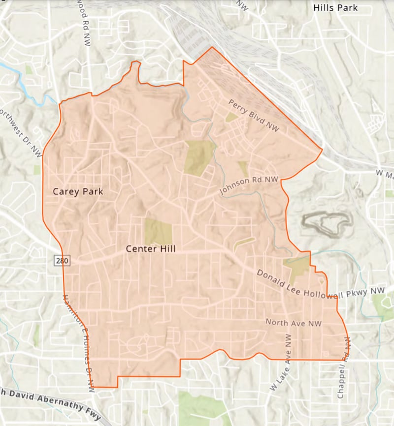 This map shows the area that is covered by the new affordable workforce housing overlay district. (Screenshot via City of Atlanta)