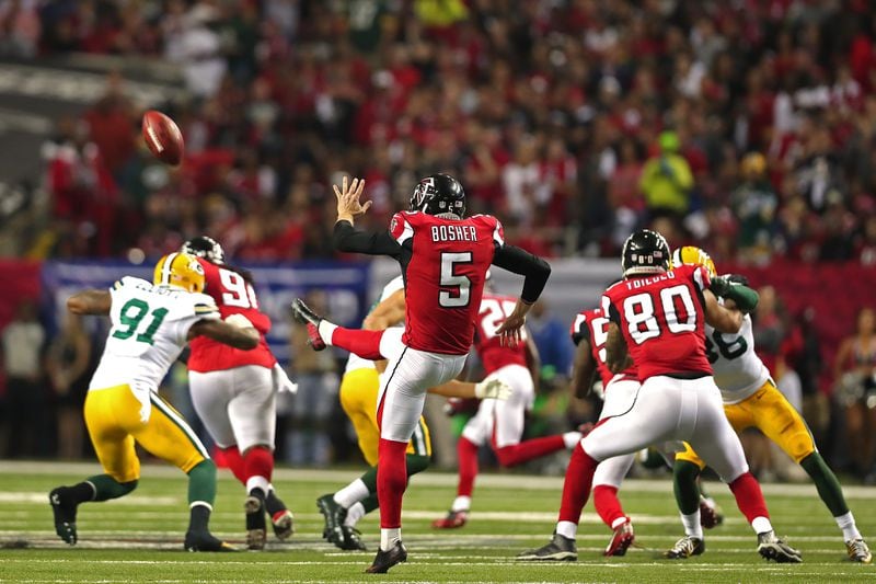ATLANTA, GA - JANUARY 22: Matt Bosher #5 of the Atlanta Falcons punts the ball off to the Green Bay Packers during the first quarter in the NFC Championship Game at the Georgia Dome on January 22, 2017 in Atlanta, Georgia.  (Photo by Tom Pennington/Getty Images)