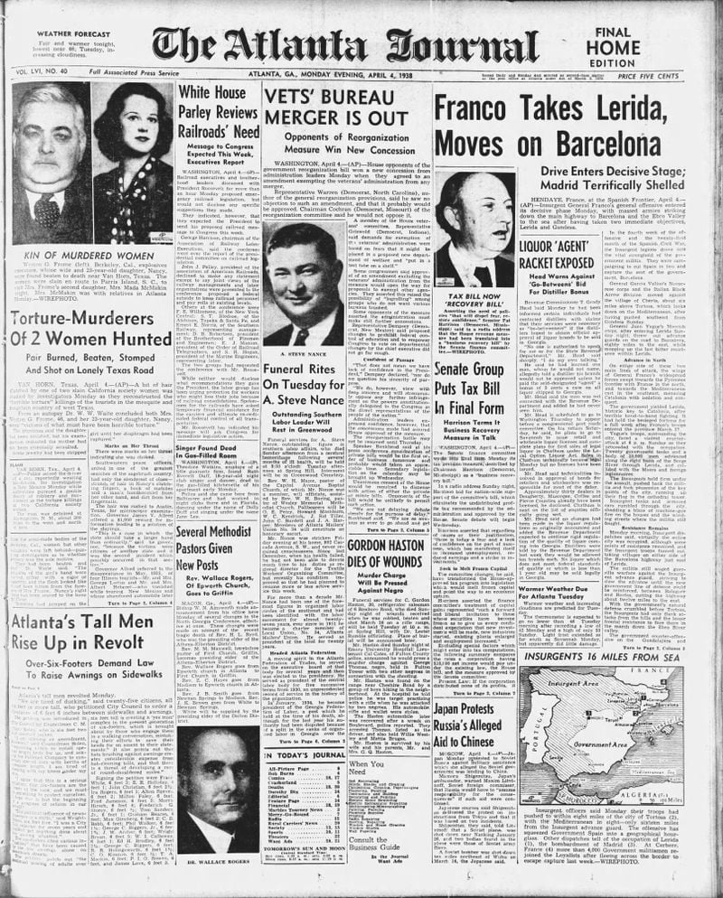 The Atlanta Journal front page April 3, 1938.