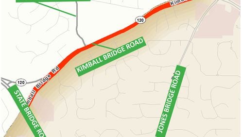 Map depicts the portion of Kimball Bridge Road being widened to four from two lanes in Johns Creek. CITY OF JOHNS CREEK
