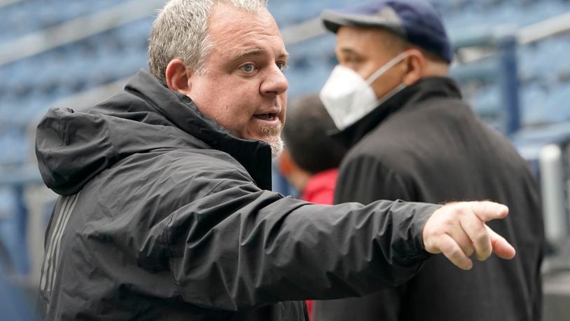 Garth Lagerwey, general manager of United States' MLS soccer Seattle Sounders, gestures during training, Tuesday, May 3, 2022, in Seattle, the day before a CONCACAF Champions League final soccer match against Mexico's Pumas. (AP Photo/Ted S. Warren)