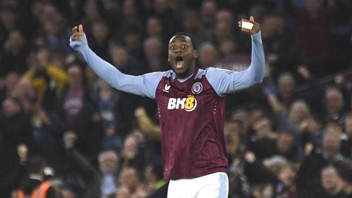 Aston Villa's Jhon Duran celebrates after scoring his side's second goal during the English Premier League soccer match between Aston Villa and Liverpool at the Villa Park stadium in Birmingham, England, Monday, May 13, 2024. (AP Photo/Rui Vieira)