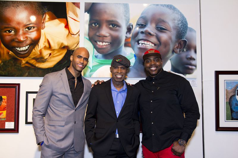 (L to R) Shaine Smith (Former NFL Athlete), Jim Hill (Mosaic Artist), and Antonio Eldermire (Former NFL Athlete) at the opening of Hill's gallery exhibit. Image credit: Shahlayo Ranson.
