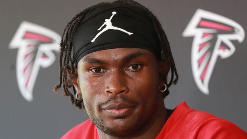 Falcons star wide receiver Julio Jones holds his press conference during the third day of training camp on Wednesday, July 24, 2019, in Flowery Branch.   Curtis Compton/ccompton@ajc.com