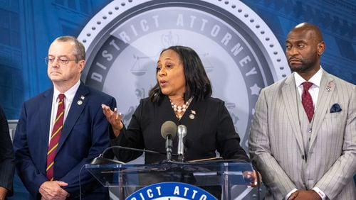 Fulton County District Attorney Fani Willis speaks at a news conference at Fulton County Government Center in Atlanta on Monday, August 14, 2023, following the indictment of Former President Donald Trump and others. (Arvin Temkar/arvin.temkar@ajc.com)