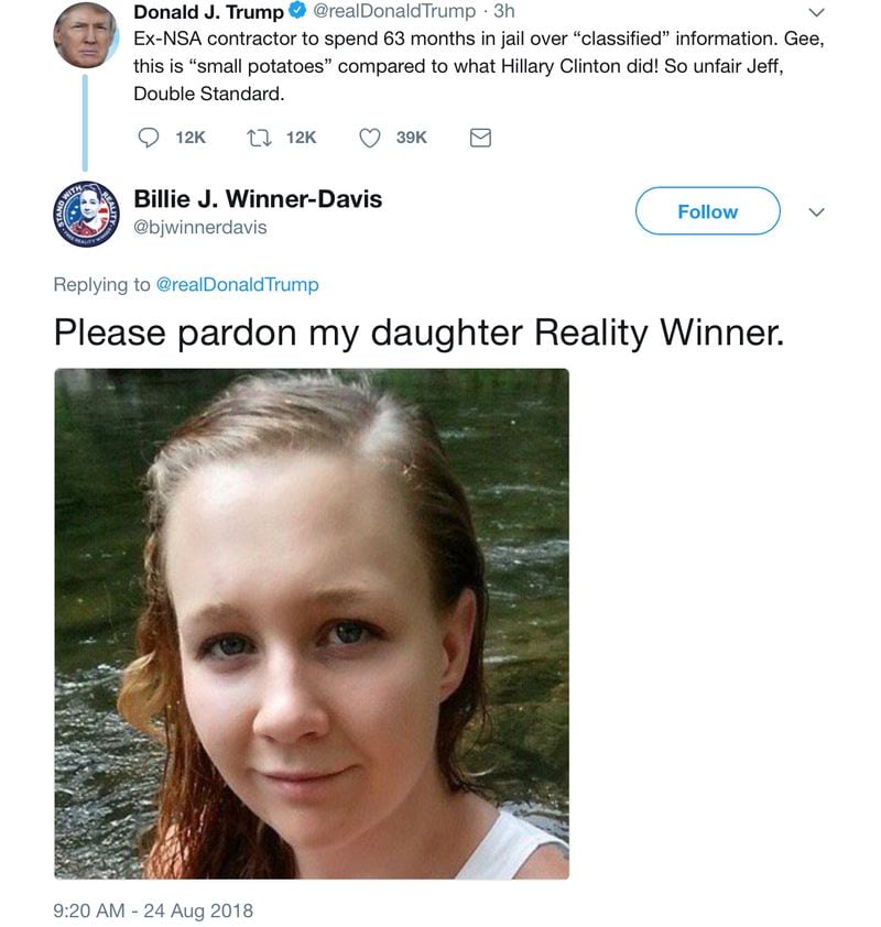 Reality Winner’s mother, Billie Winner-Davis, had a blunt reply to President Trump’s tweet today: “Pardon my daughter.”