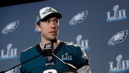 Philadelphia Eagles quarterback Nick Foles (9) takes part in a media availability for the NFL Super Bowl 52 football game Wednesday, Jan. 31, 2018, in Minneapolis. Philadelphia is scheduled to face the New England Patriots Sunday. (AP Photo/Eric Gay)