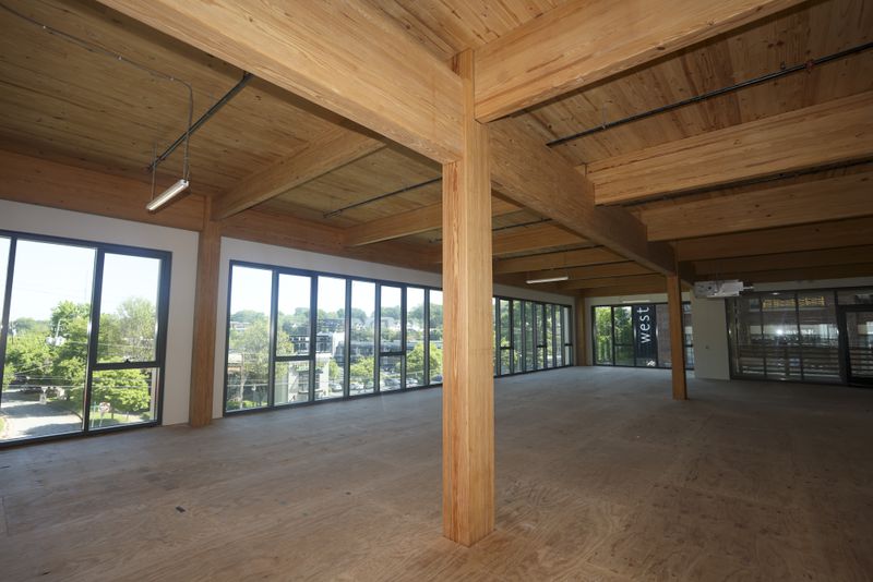 The second floor of the new mixed-use building 619 Ponce next door to Ponce City Market is shown on Thursday, April 18, 2024, in Atlanta. 619 Ponce was built with mass timber construction using locally-sourced materials. (Jason Getz / Jason.Getz@ajc.com)
