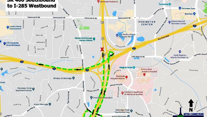 Map depicts the detour for southbound motorists on Ga. 400 who wish to go west on I-285, when the ramp to I-285 is closed for construction, as it will be during the overnight hours Feb. 26 to March 1. GEORGIA DEPARTMENT OF TRANSPORTATION