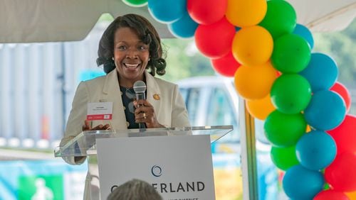 Cobb County Commission Chairwoman Lisa Cupid speaks at a Cumberland Community Improvement District event near the Battery on Tuesday, July 25, 2023. Cupid qualified for reelection this week and faces two challengers. (Katelyn Myrick/katelyn.myrick@ajc.com)
