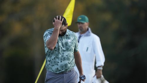 Jon Rahm, of Spain, reacts after his second round at the Masters golf tournament at Augusta National Golf Club Friday, April 12, 2024, in Augusta, Ga. (AP Photo/Ashley Landis)